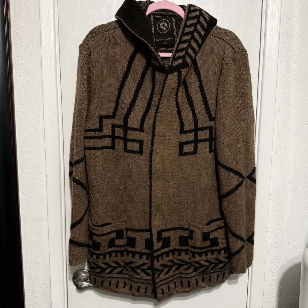 Black Pharaoh Mens 4XL Full Zip Hooded Sweater Brown Black Geometric Wool READ